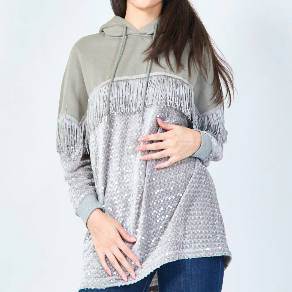 Fringe sequin hoodie with relaxed fit wholesale