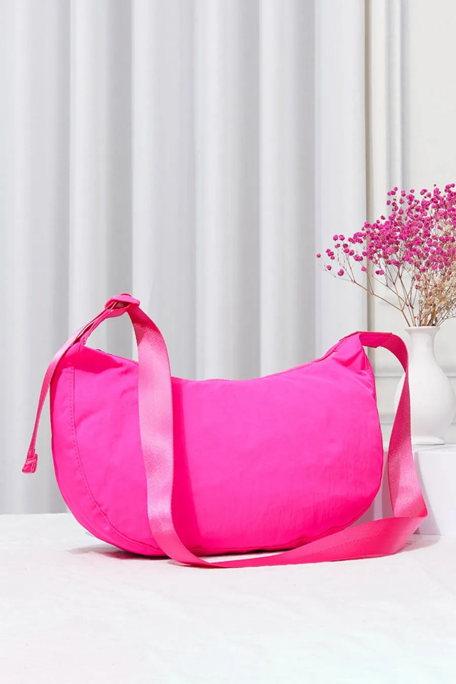 Fuschia Solid Nylon Sling Bag / Crossbody Bag