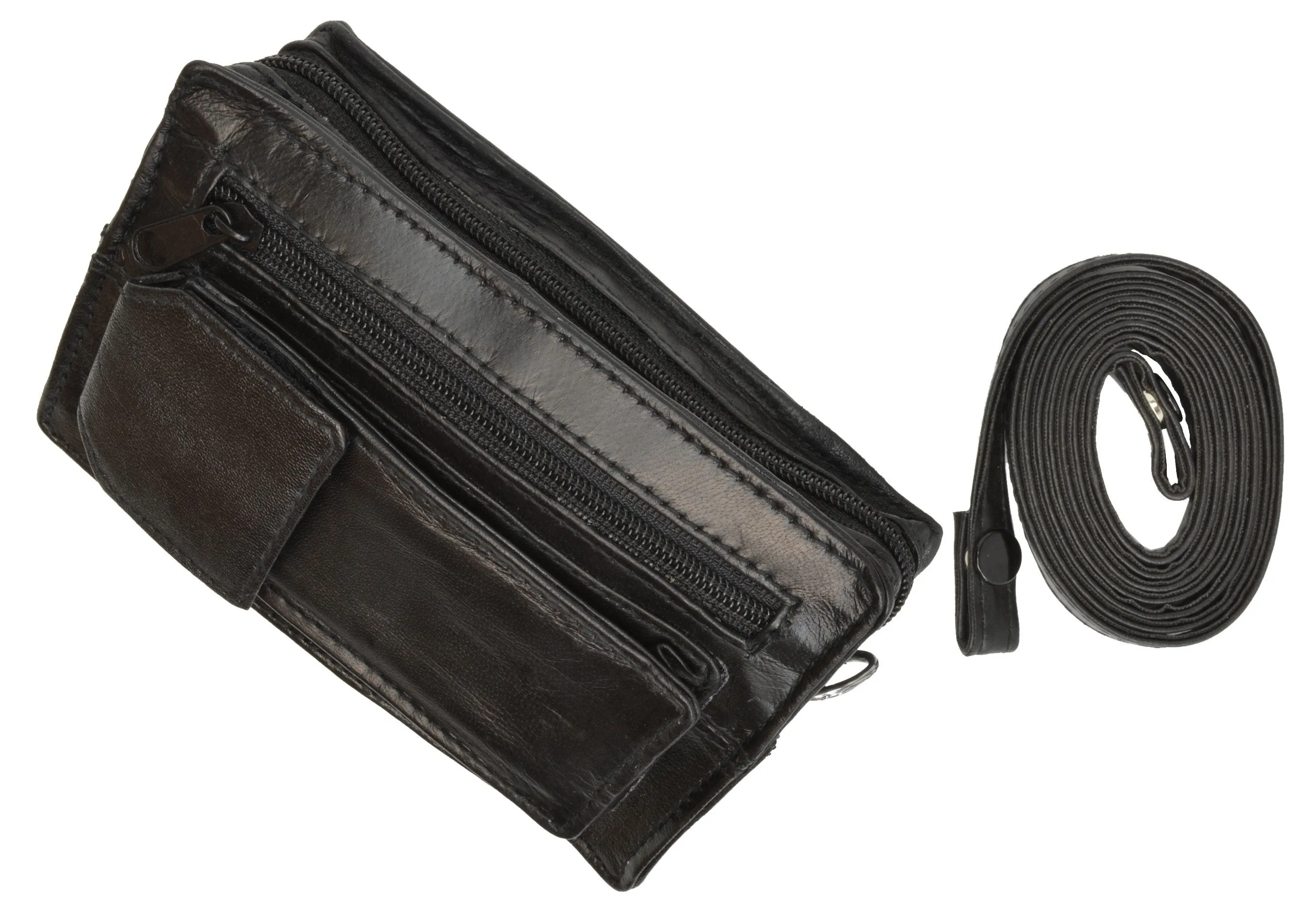 Genuine Leather Small Black Organizer Purse Pouch with Strap 129