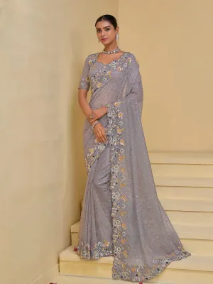 Graceful Grey Banarasi Silk Embroidered Saree