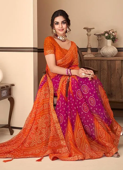 Graceful Orange Bandhani Chiffon Saree