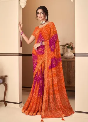 Graceful Orange Bandhani Chiffon Saree