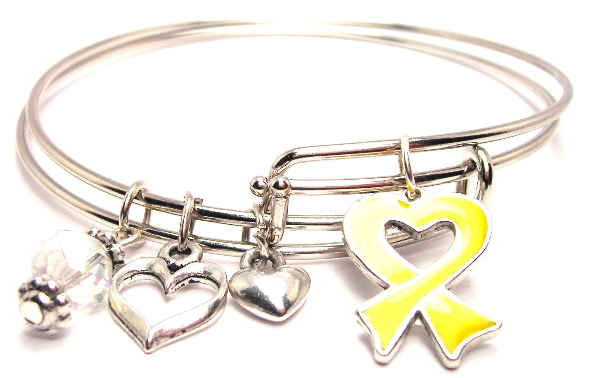 Hand Painted Heart Shaped Awareness Ribbon Yellow Expandable Bangle Bracelet Set