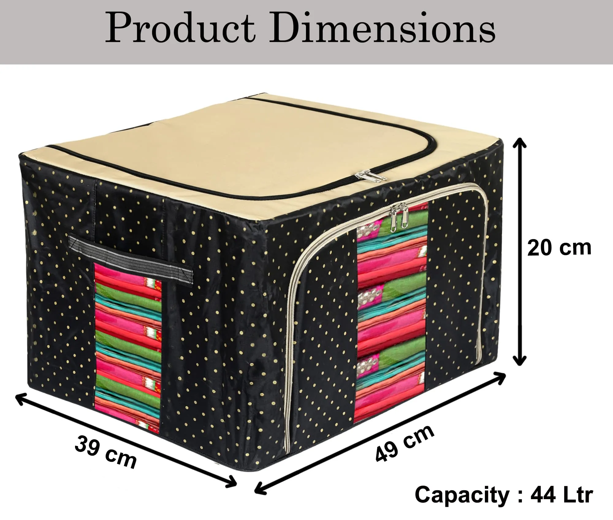 Heart Home Dot Printed Steel Frame Living Box, Closet Organizer, Cloth Storage Boxes for Wardrobe With Clear Window, 44Ltr.- Pack of 2 (Black & Grey)-44HH0240