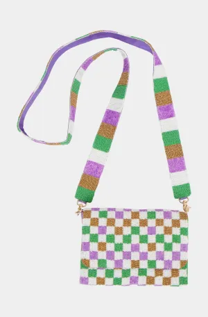 Hemline Exclusive Mardi Gras Checkered Crossbody Beaded Bag w/ Strap