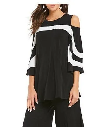 IC Collection Striking Open Shoulder Stripe-Trim Top -1381T-BK