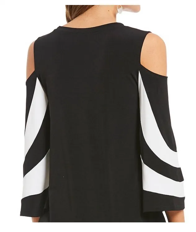 IC Collection Striking Open Shoulder Stripe-Trim Top -1381T-BK