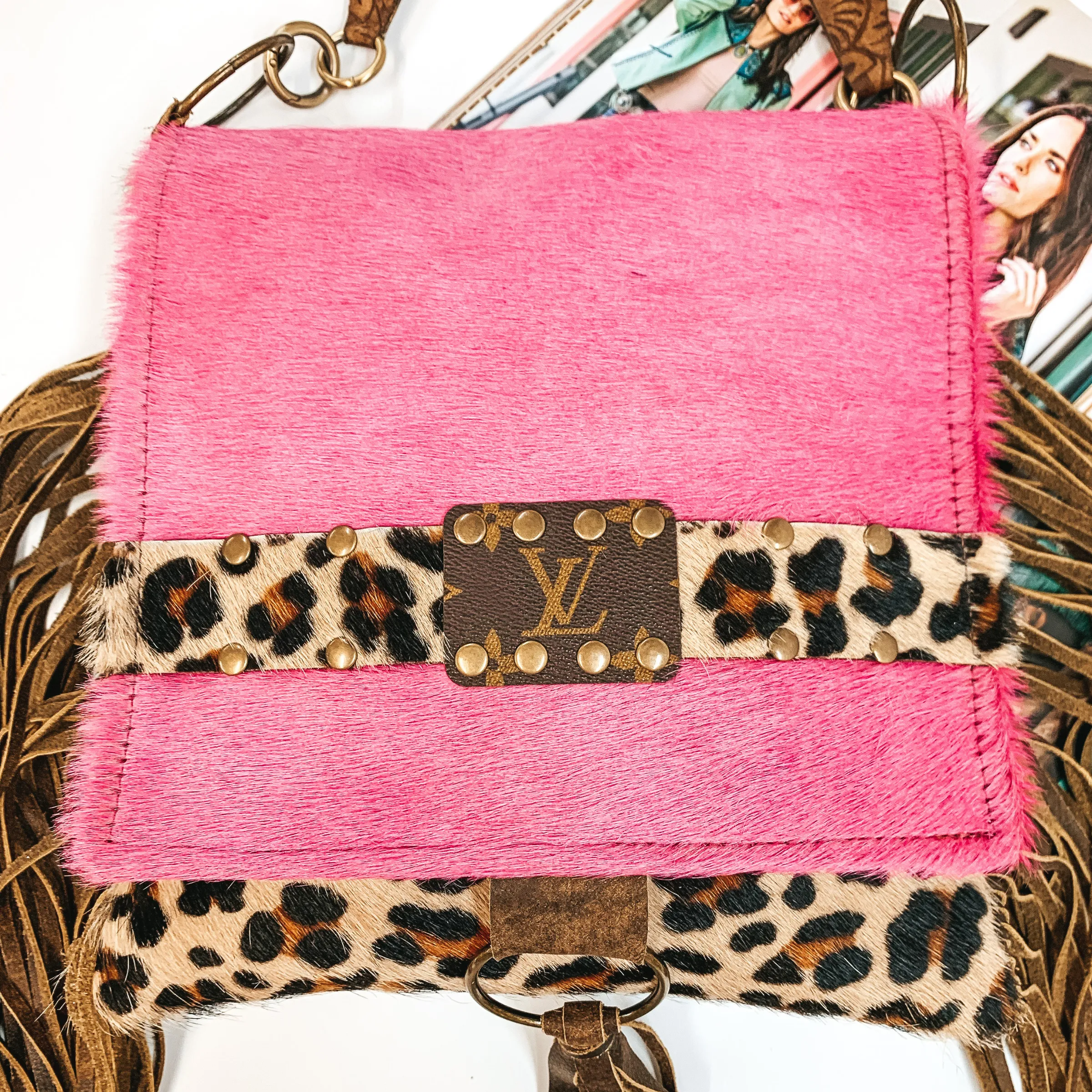 Keep It Gypsy | Leopard Print and Pink Cowhide Purse with Genuine Leather Fringe