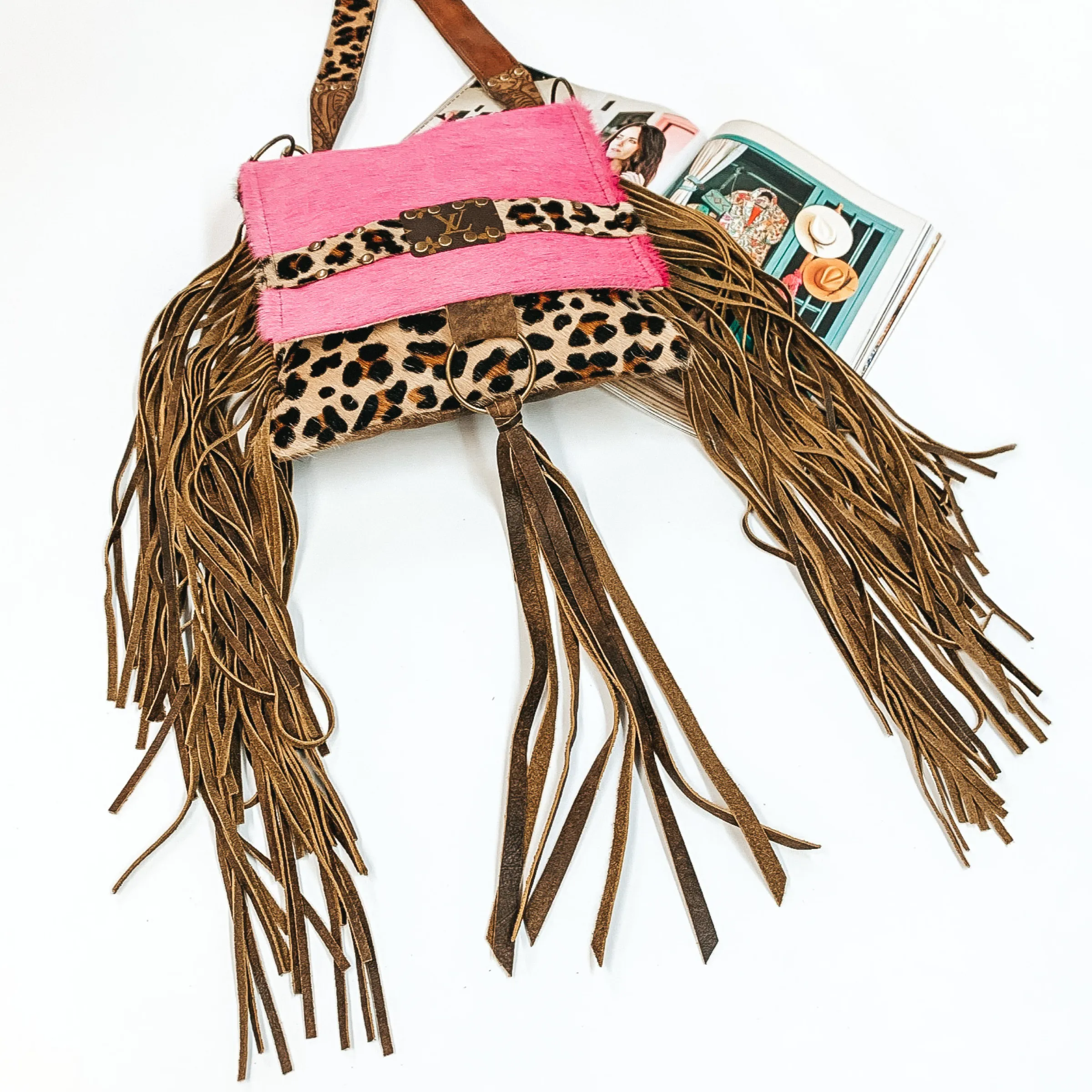 Keep It Gypsy | Leopard Print and Pink Cowhide Purse with Genuine Leather Fringe