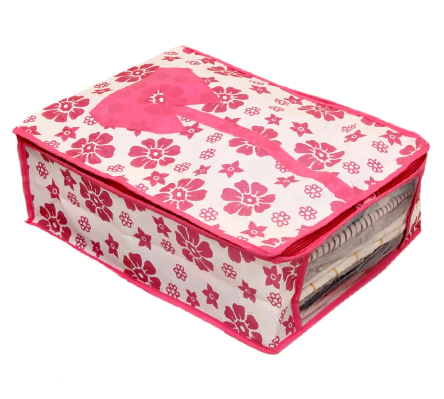 Kuber Industries Flower Printed Shirts & Clothing Organizer With Clear Window- Pack of 2 (Pink) (HS43KUBMART026187)