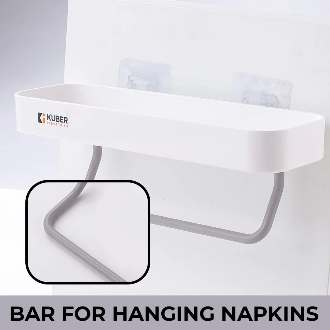 Kuber Industries Kitchen Organizer With Towel Hanger|Self-Adhesive Wall Shelf|Non-Toxic|Easy To Fit Plastic Bathroom Shelf|Multipurpose Wall Mounted Shelf For Bathroom & Kitchen|1323|White (Pack Of 5)