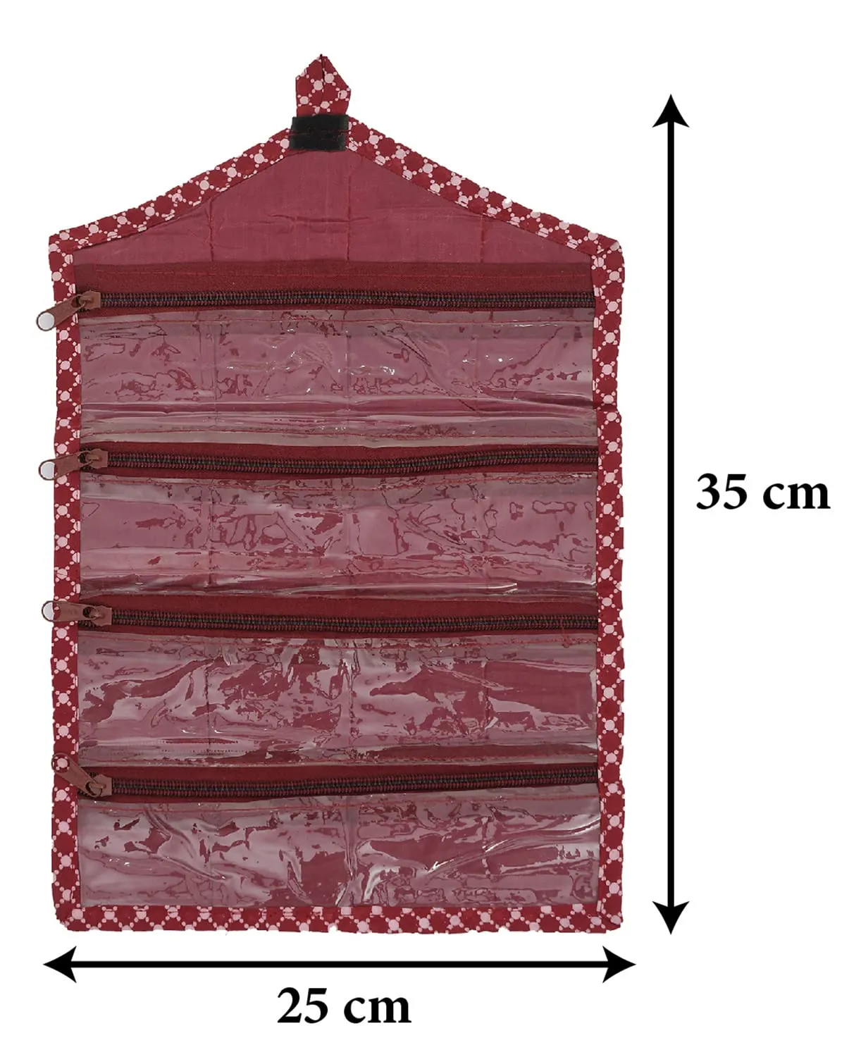 Kuber Industries Parachute Hanging Organizer For Jewellery, Makup Brush, Cosmetic Item, Stationery & Small Accessories With 4 Transprant Zipper Pocket (Maroon)