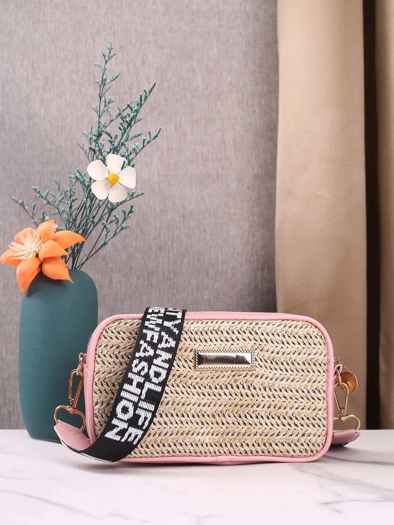 Letter Graphic Straw Design Crossbody Bag