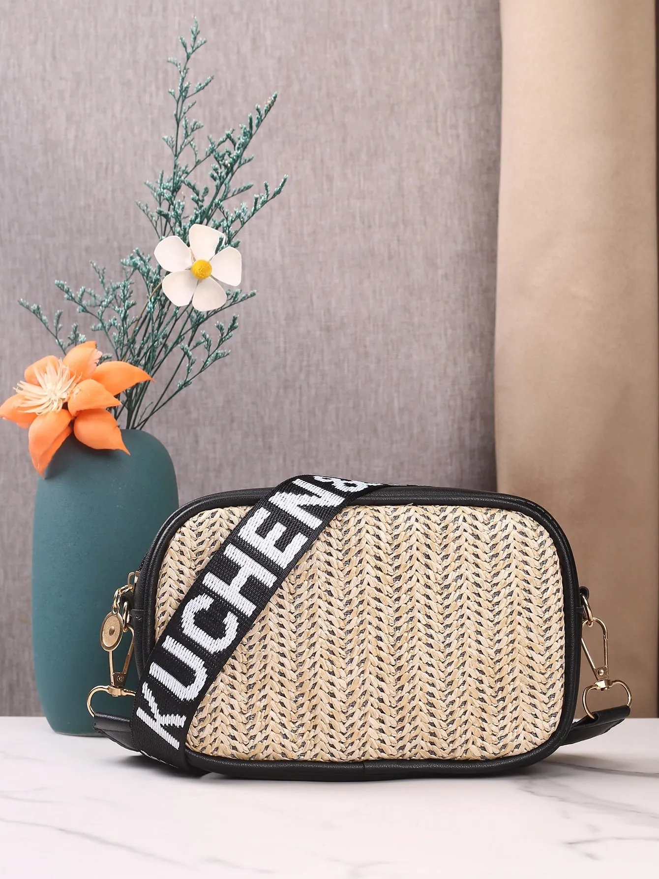 Letter Graphic Straw Design Crossbody Bag