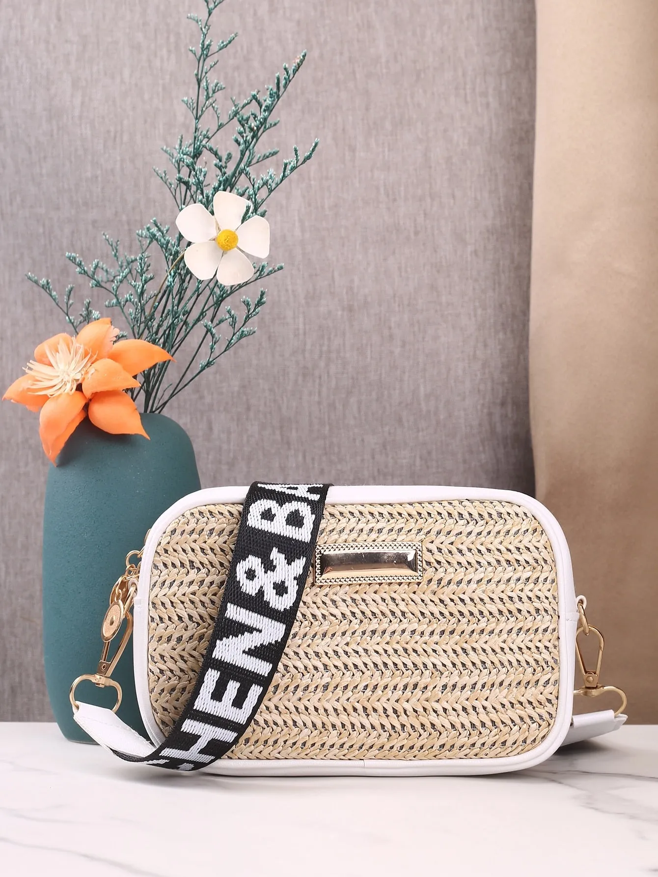 Letter Graphic Straw Design Crossbody Bag