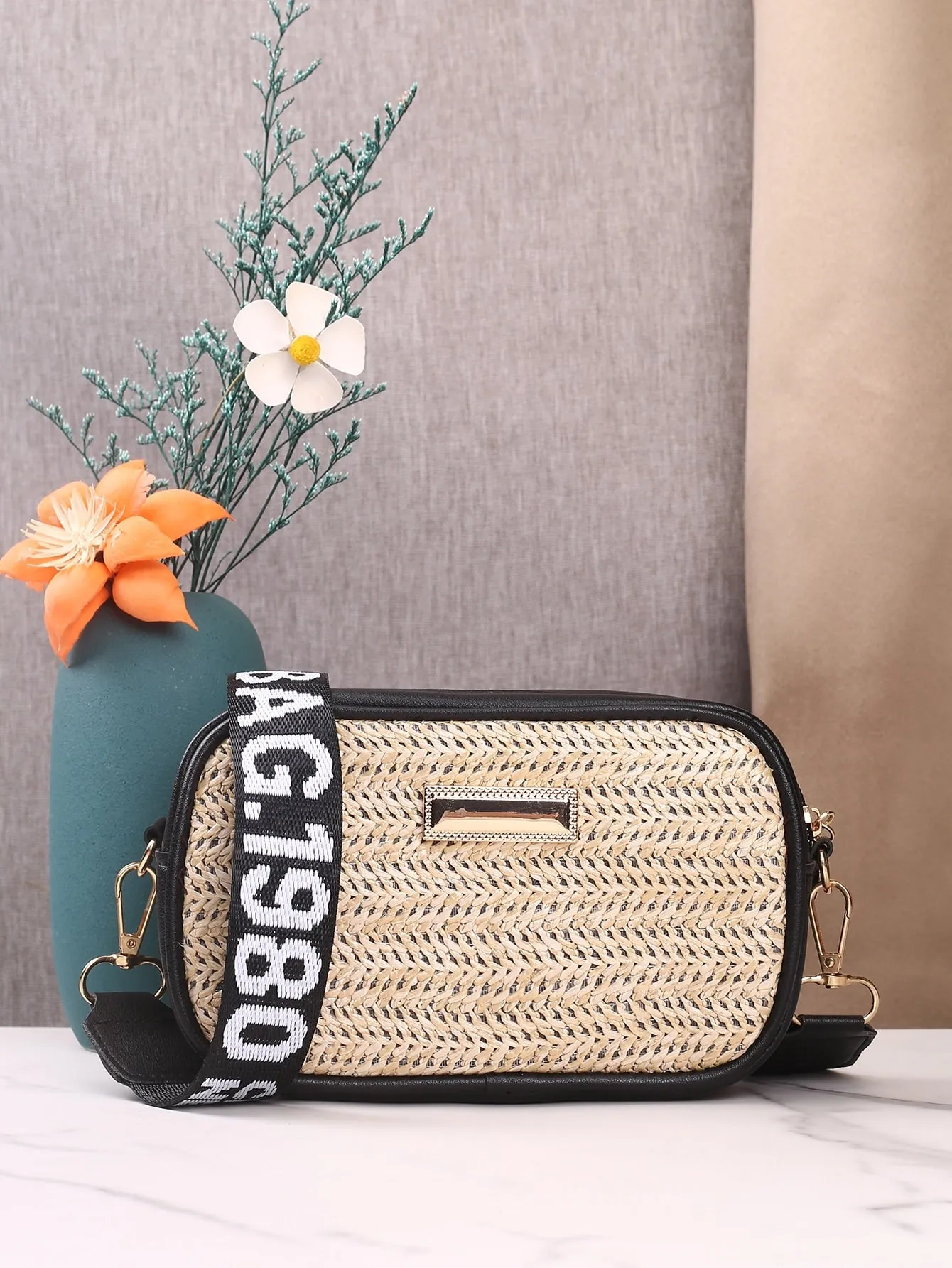 Letter Graphic Straw Design Crossbody Bag