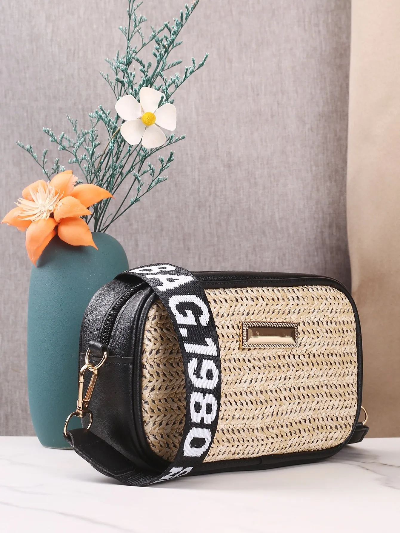 Letter Graphic Straw Design Crossbody Bag