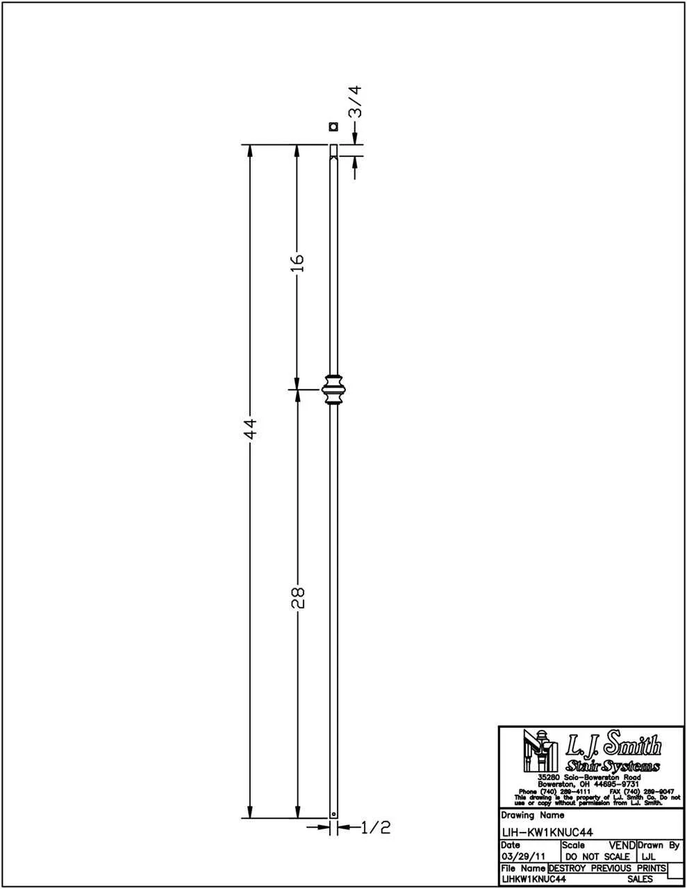 LIH-KW1KNUC44 - Kneewall Single Knuckle 44" Iron Baluster (1/2" Square Hollow)