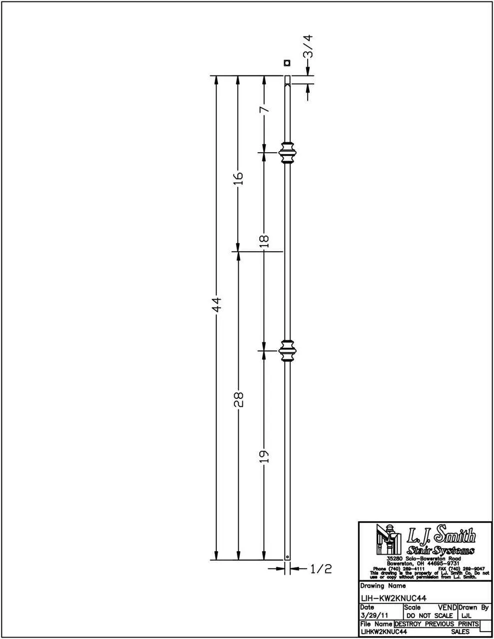 LIH-KW2KNUC44 - Kneewall Double Knuckle 44" Iron Baluster (1/2" Square Hollow)