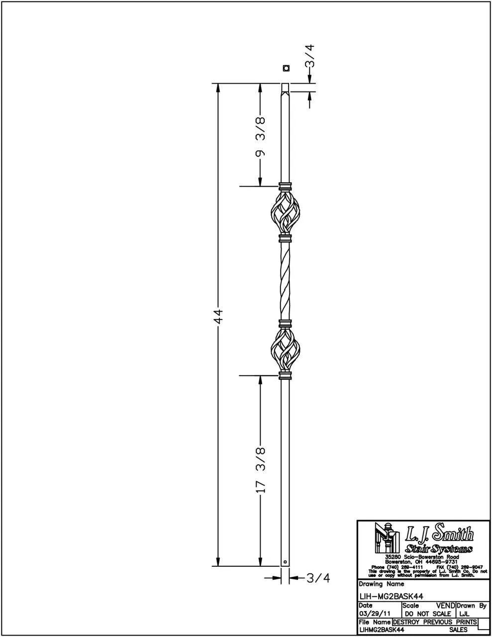 LIH-MG2BASK44 — Mega Double Basket Baluster (3/4" Square Hollow)