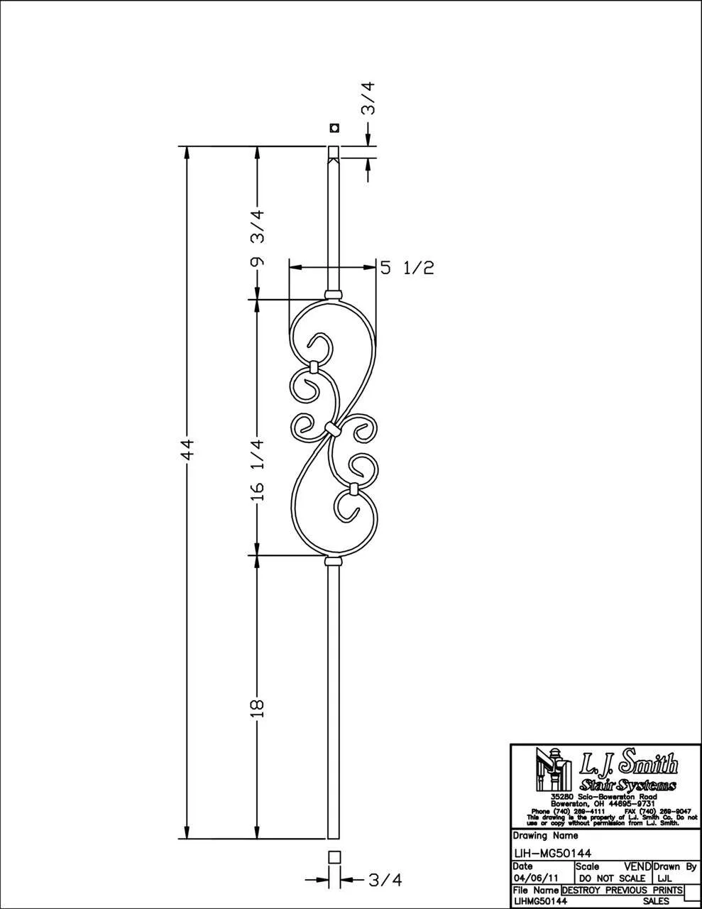 LIH-MG50144 — Mega Small Scroll Baluster (3/4" Square Hollow)