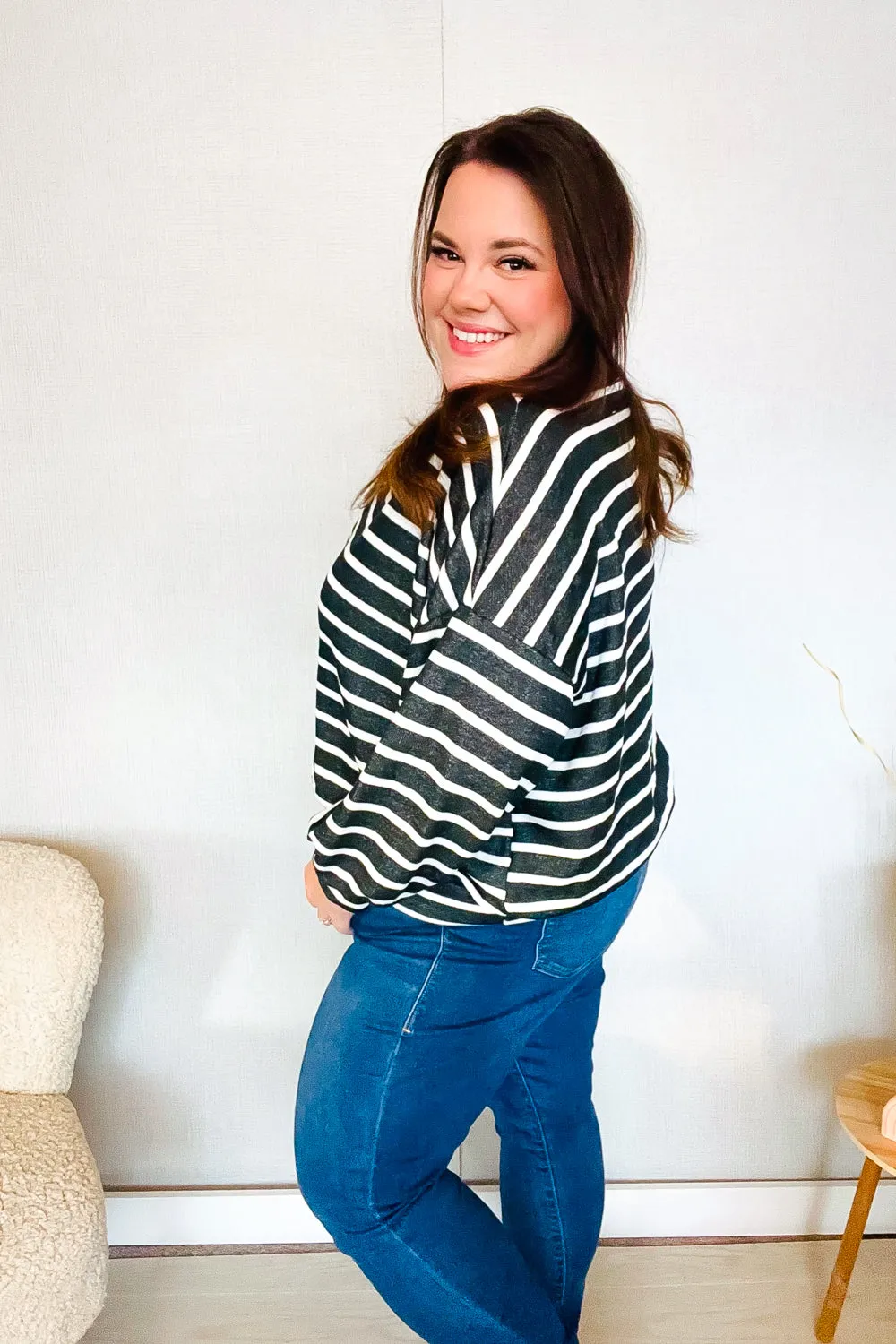 Look Striking Charcoal Stripe Terry Banded Dolman Pullover (Open Pack)