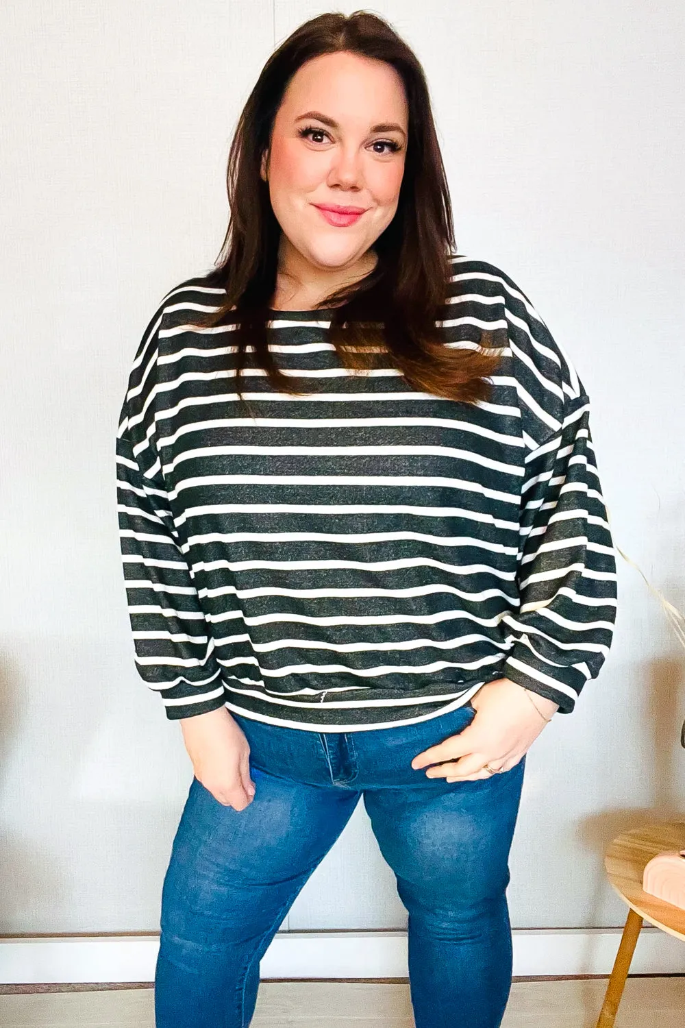 Look Striking Charcoal Stripe Terry Banded Dolman Pullover (Open Pack)