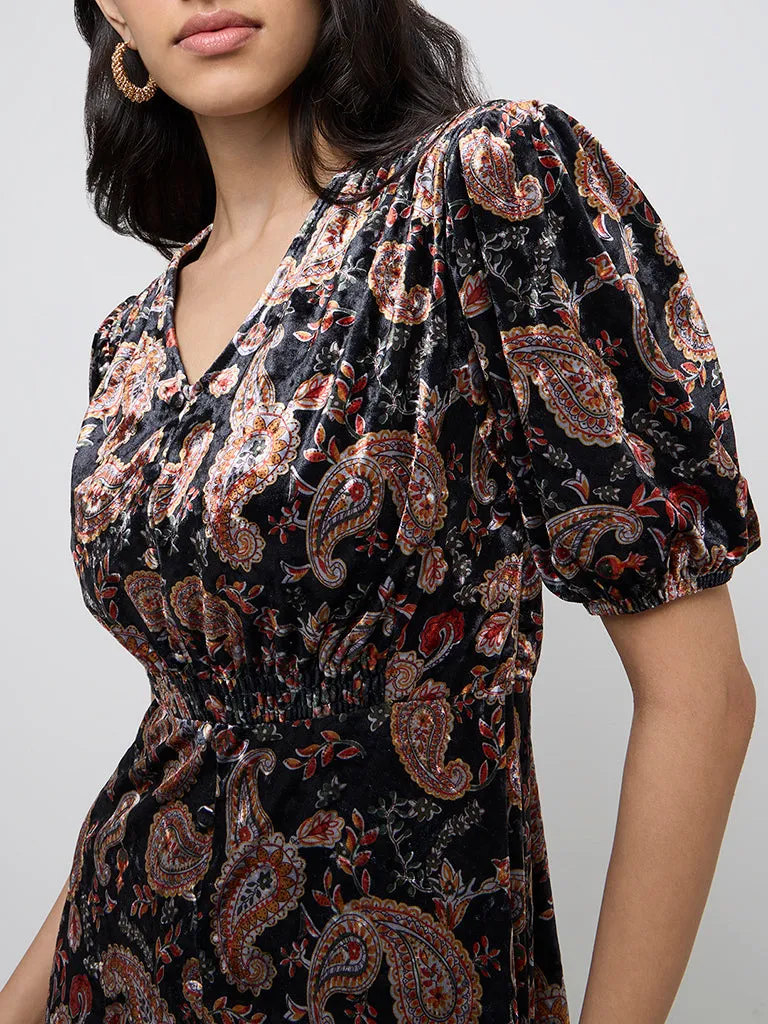 LOV Black Paisley Printed Fit-and-Flare Velveteen Dress