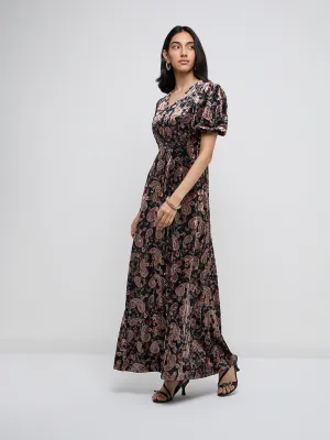 LOV Black Paisley Printed Fit-and-Flare Velveteen Dress