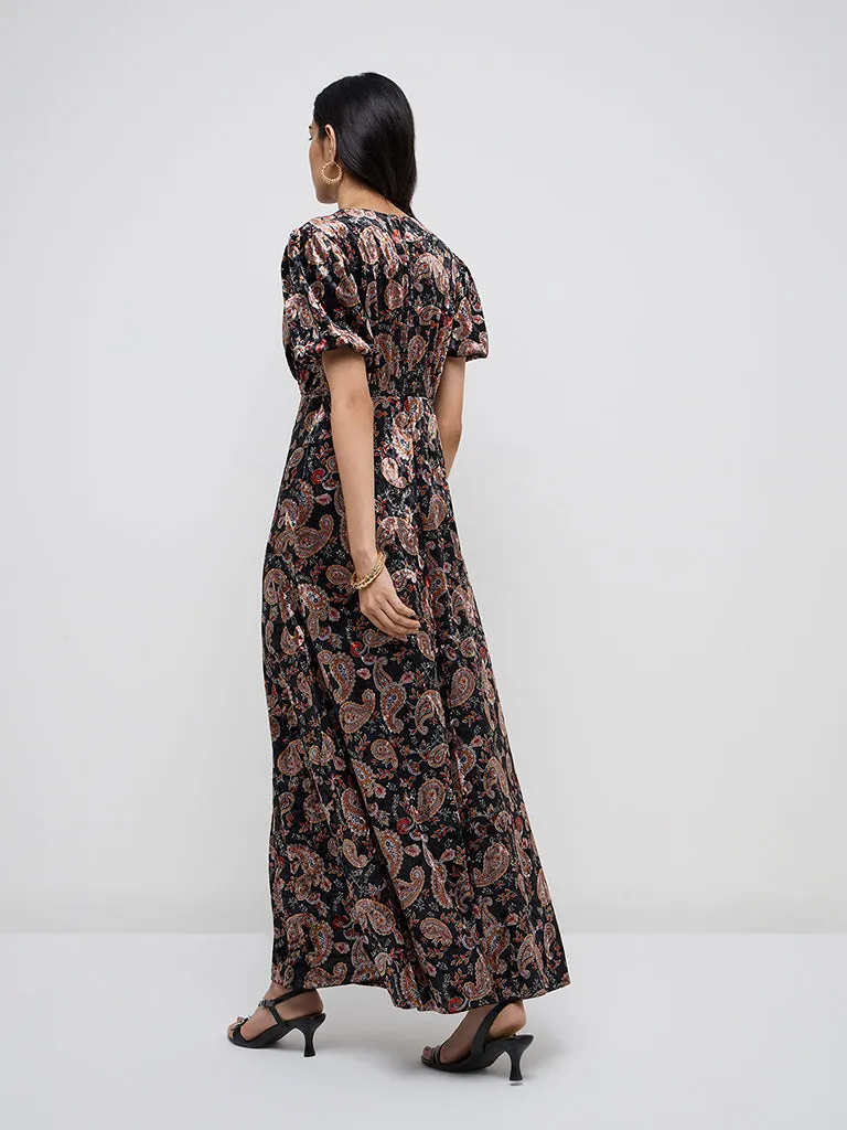 LOV Black Paisley Printed Fit-and-Flare Velveteen Dress