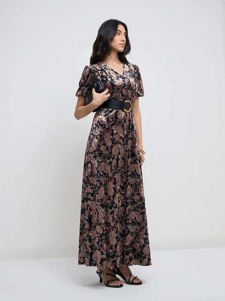 LOV Black Paisley Printed Fit-and-Flare Velveteen Dress