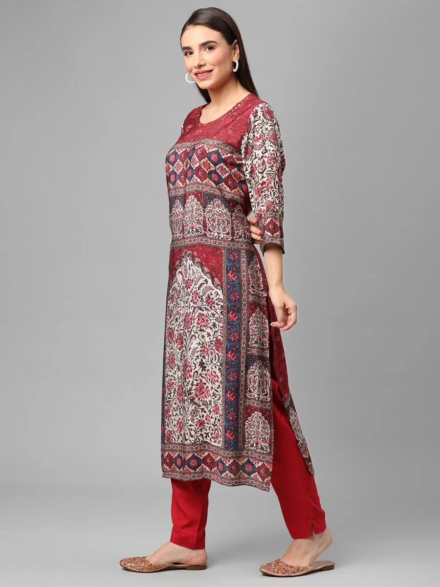 Maroon Ornamental Printed Kurta Pant Dupatta