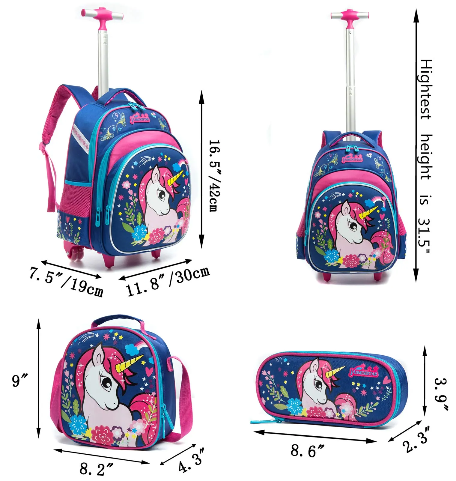 Meetbelify Girls Unicorn Rolling Backpacks Kids Backpack with Wheels for Girls School Bags with Lunch Box