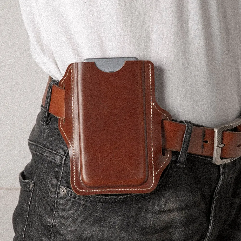 Men Genuine Leather Solid 6.3 Inch Phone Holder Waist Bag Belt