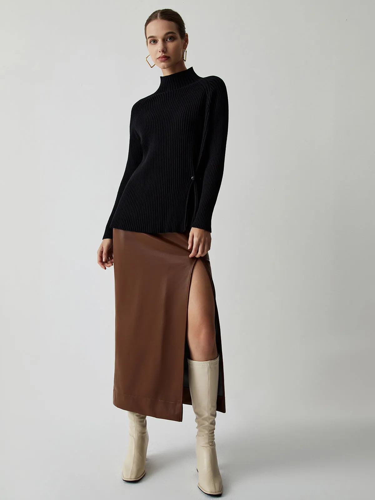 Mock Neck Graceful Slit Sweater