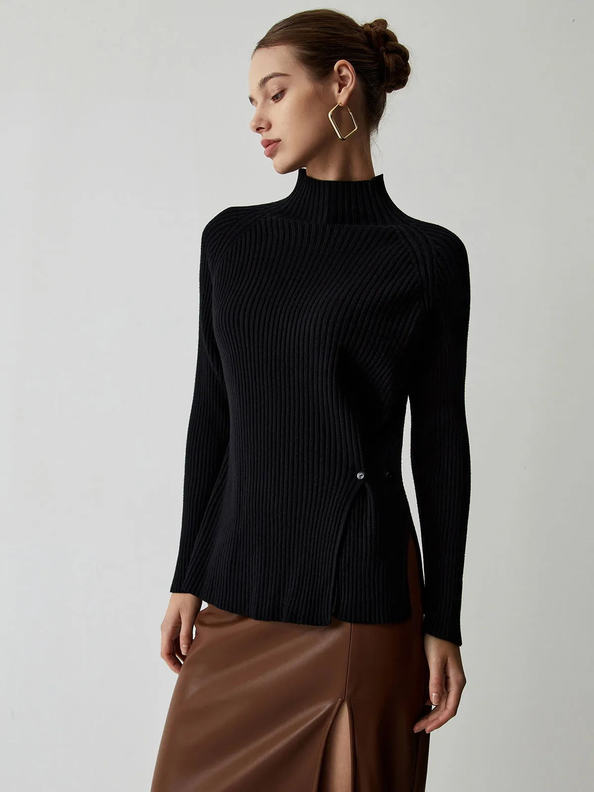 Mock Neck Graceful Slit Sweater