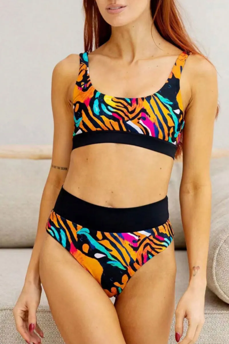 Multicolor Abstract Print Striking Scoop Neck Bikini