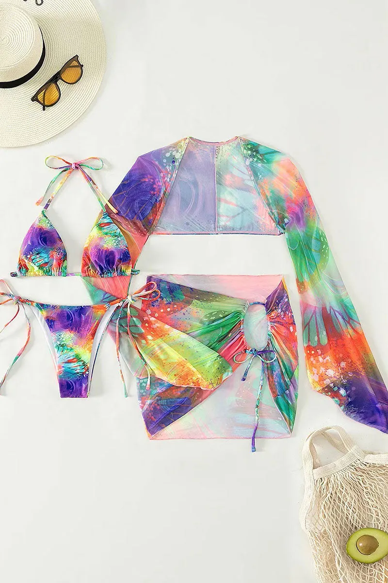 Multicolor Watercolor Print Striking Lace-Up Three Pieces