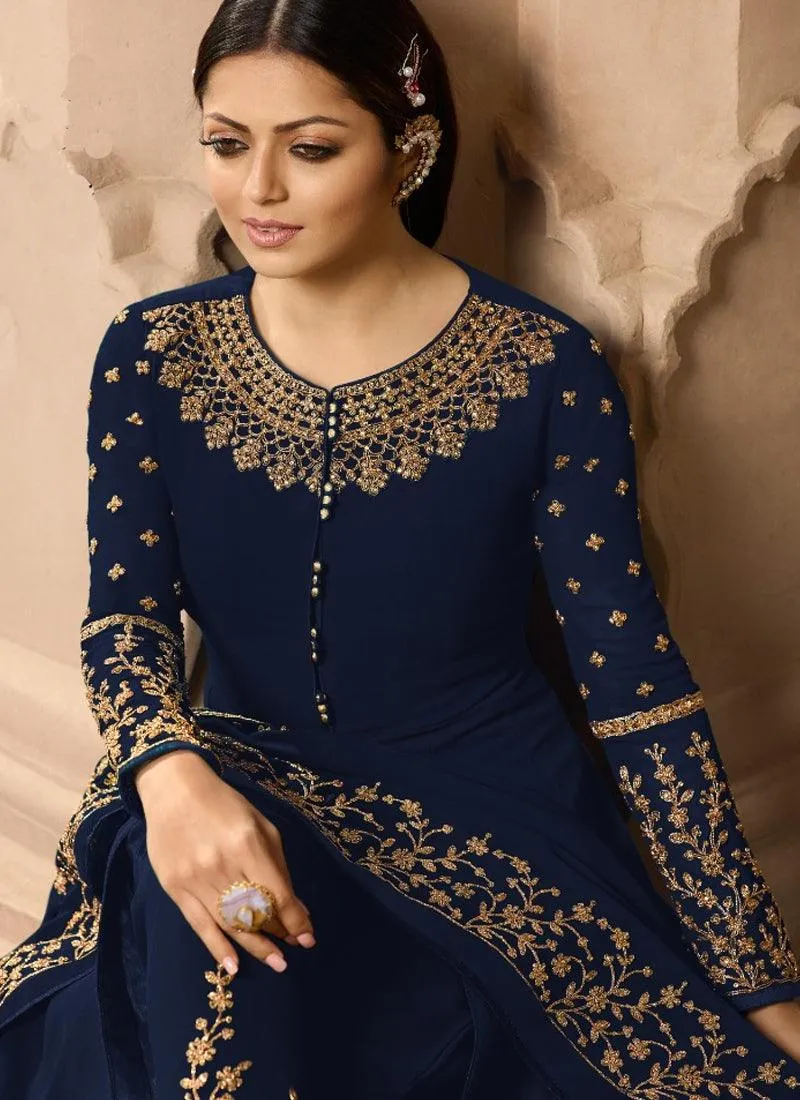 Navy Blue Georgette Base Wedding Wear Embroidery Work Anarkali Suit