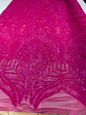 Neon pink iridescent royalty design on a 4 way stretch mesh-prom-sold by the yard.