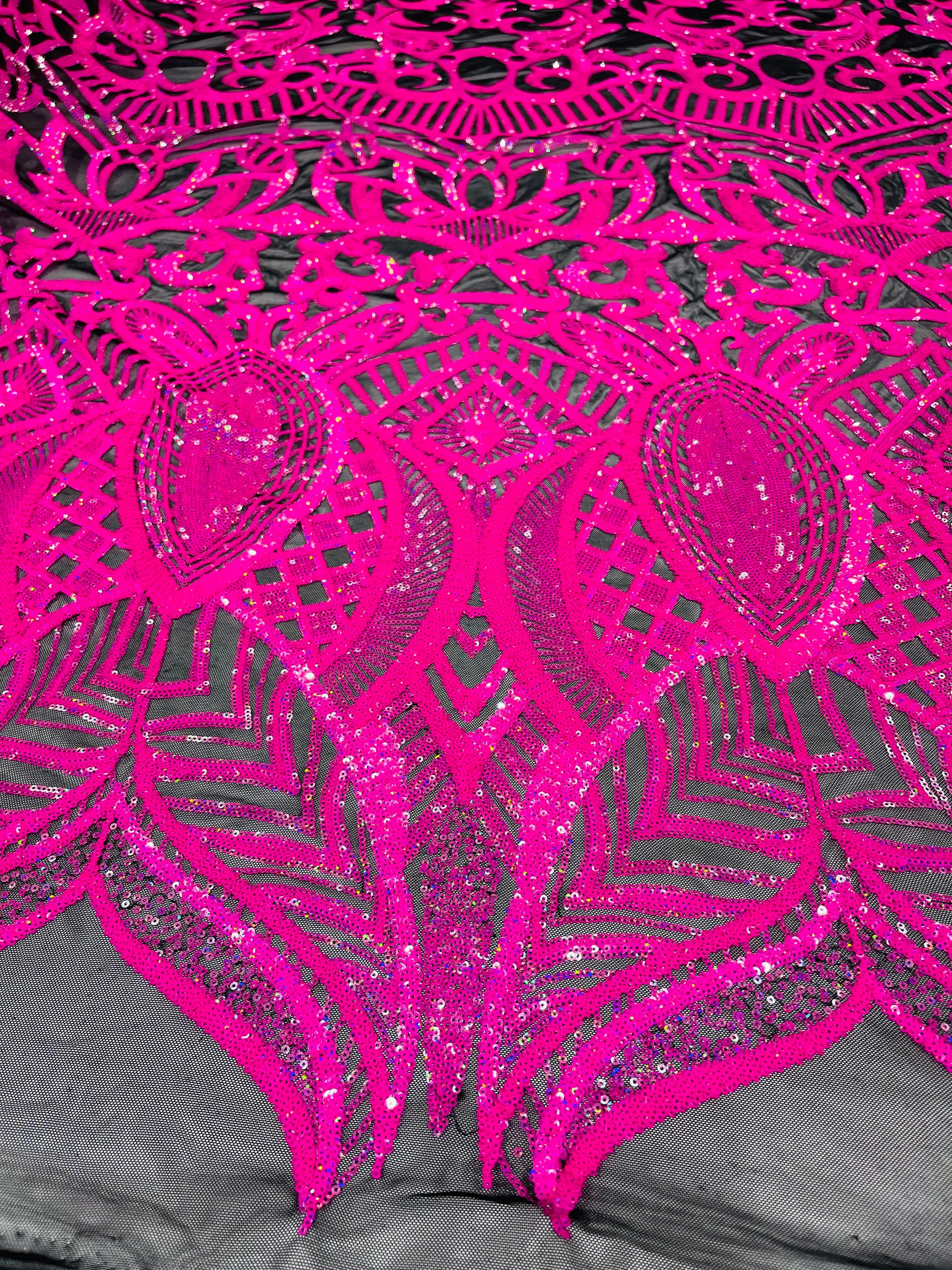 Neon Pink iridescent royalty design on a black 4 way stretch mesh-prom-sold by the yard.