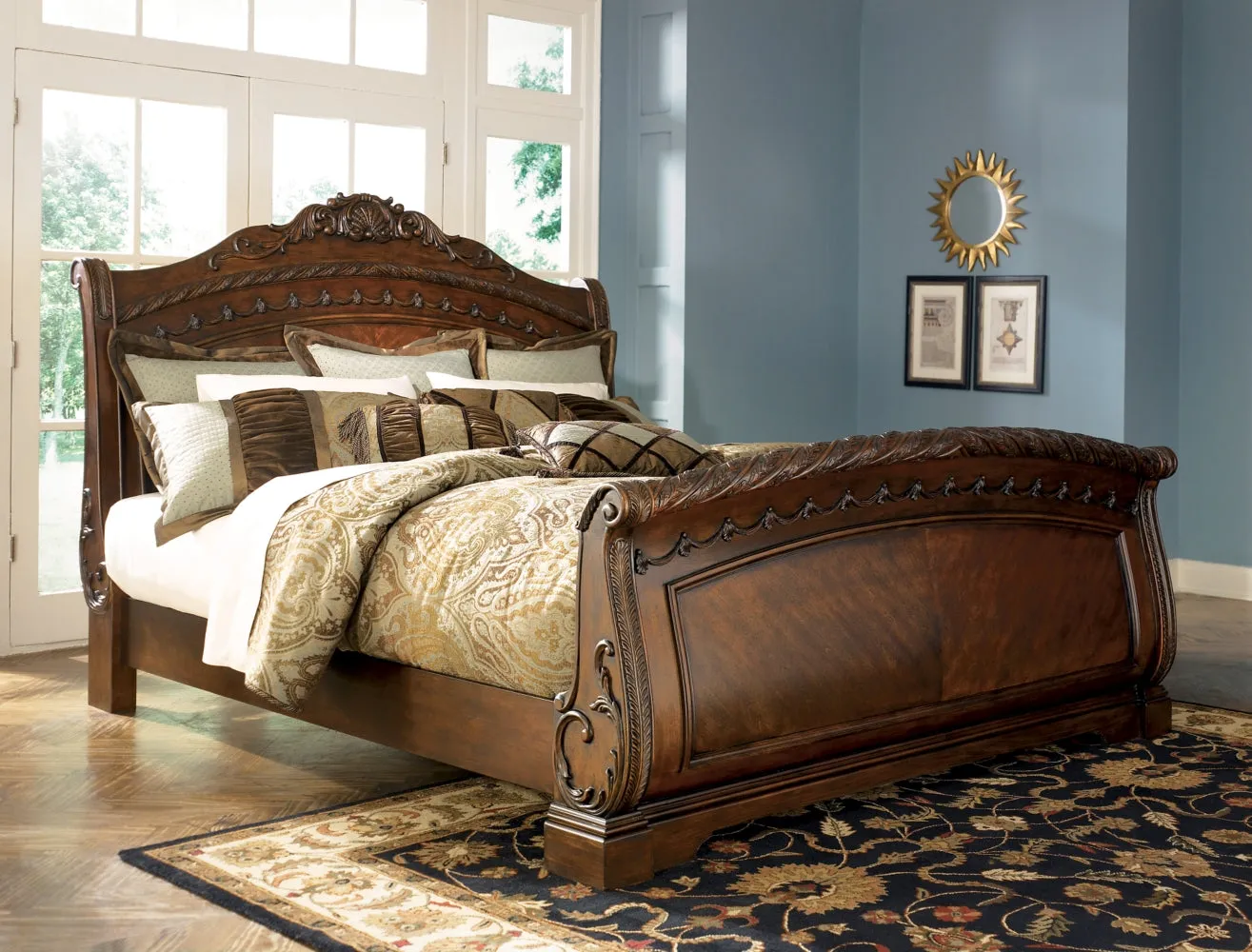 North Shore California King Sleigh Bed with Mirrored Dresser and Chest