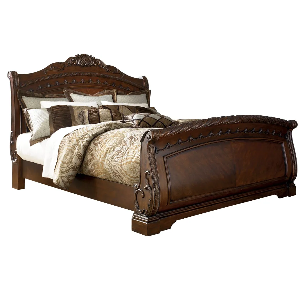 North Shore King Sleigh Bed with Mirrored Dresser, Chest and 2 Nightstands