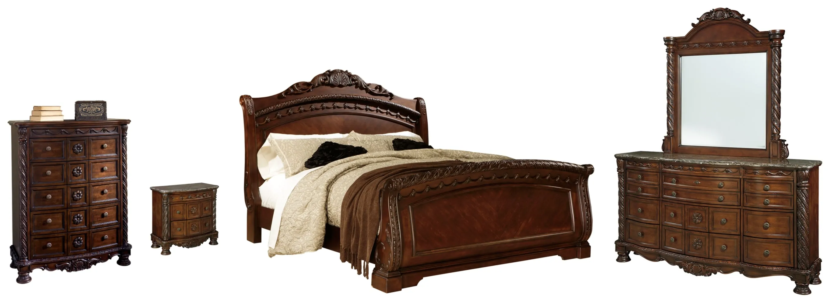 North Shore King Sleigh Bed with Mirrored Dresser, Chest and Nightstand