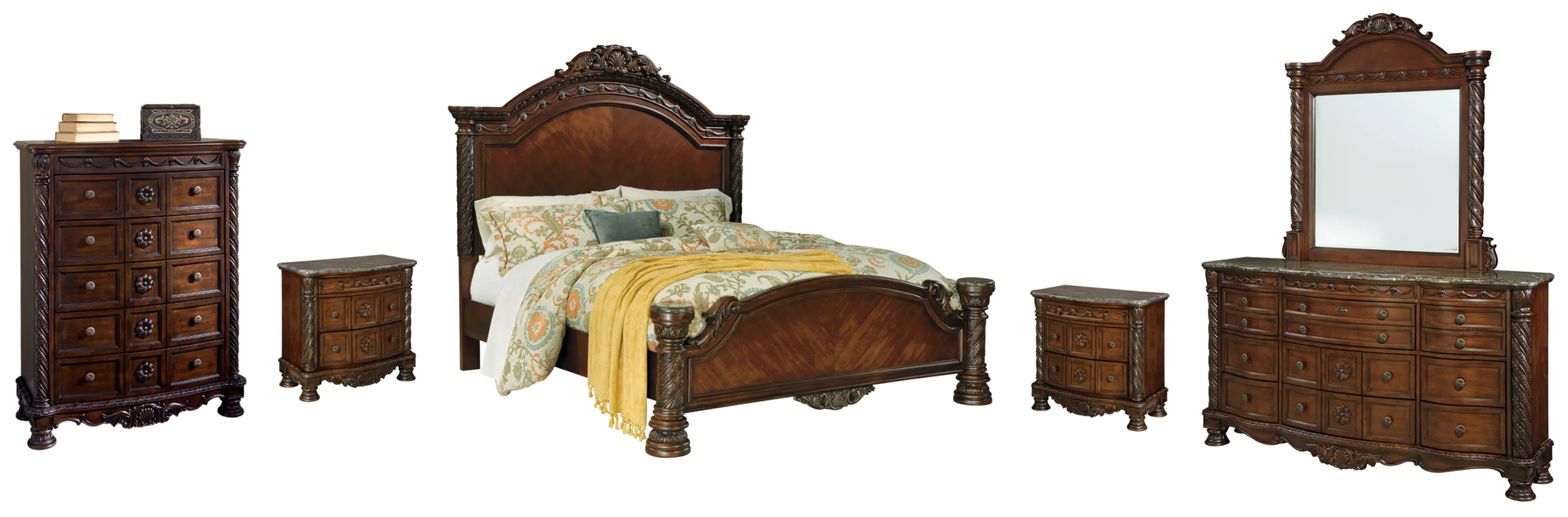 North Shore Queen Panel Bed with Mirrored Dresser, Chest and 2 Nightstands