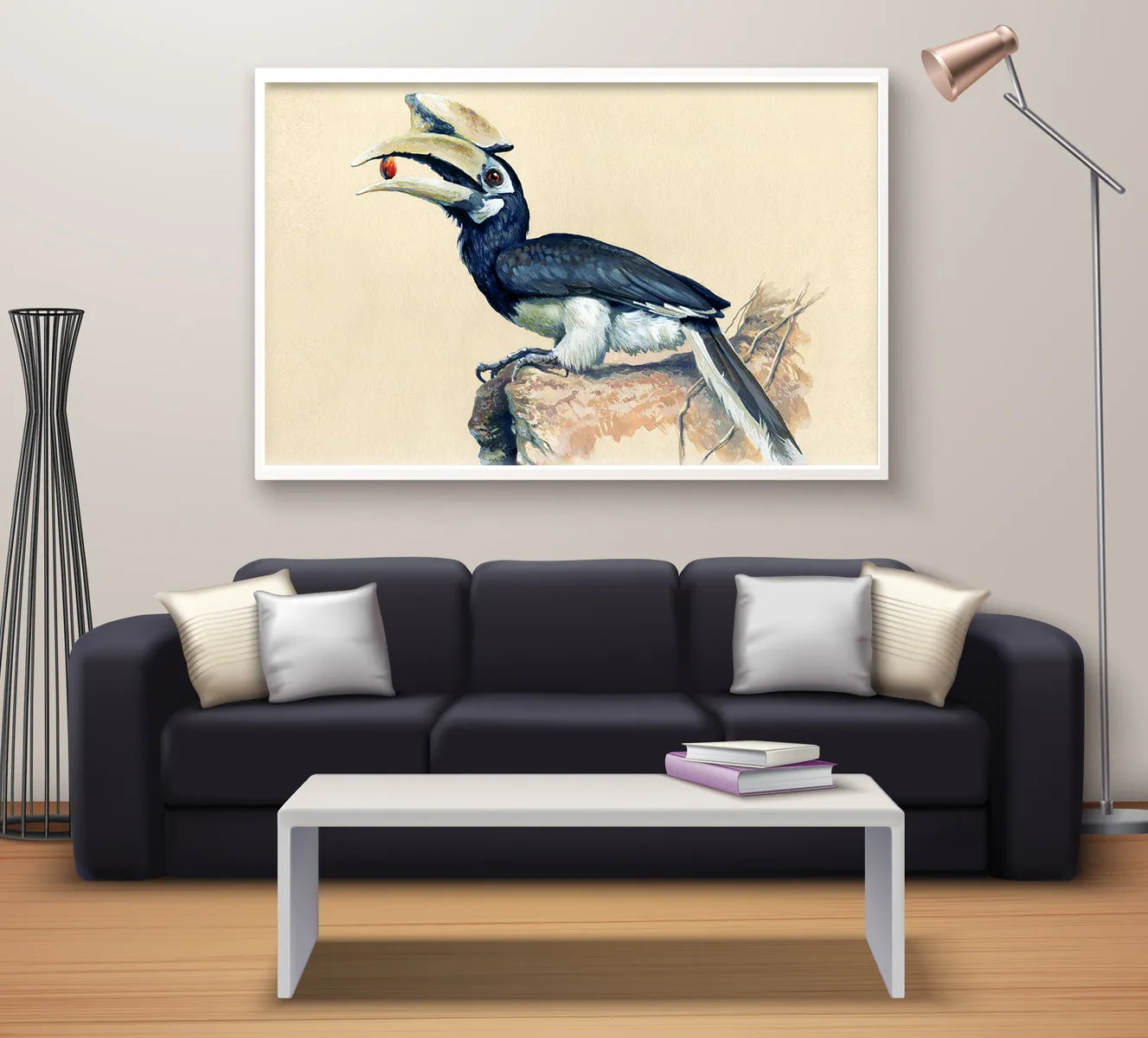 painting of a striking hornbill perched on a rock