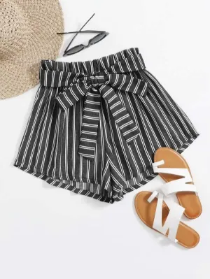 Paperbag Waist Belted Striped Shorts