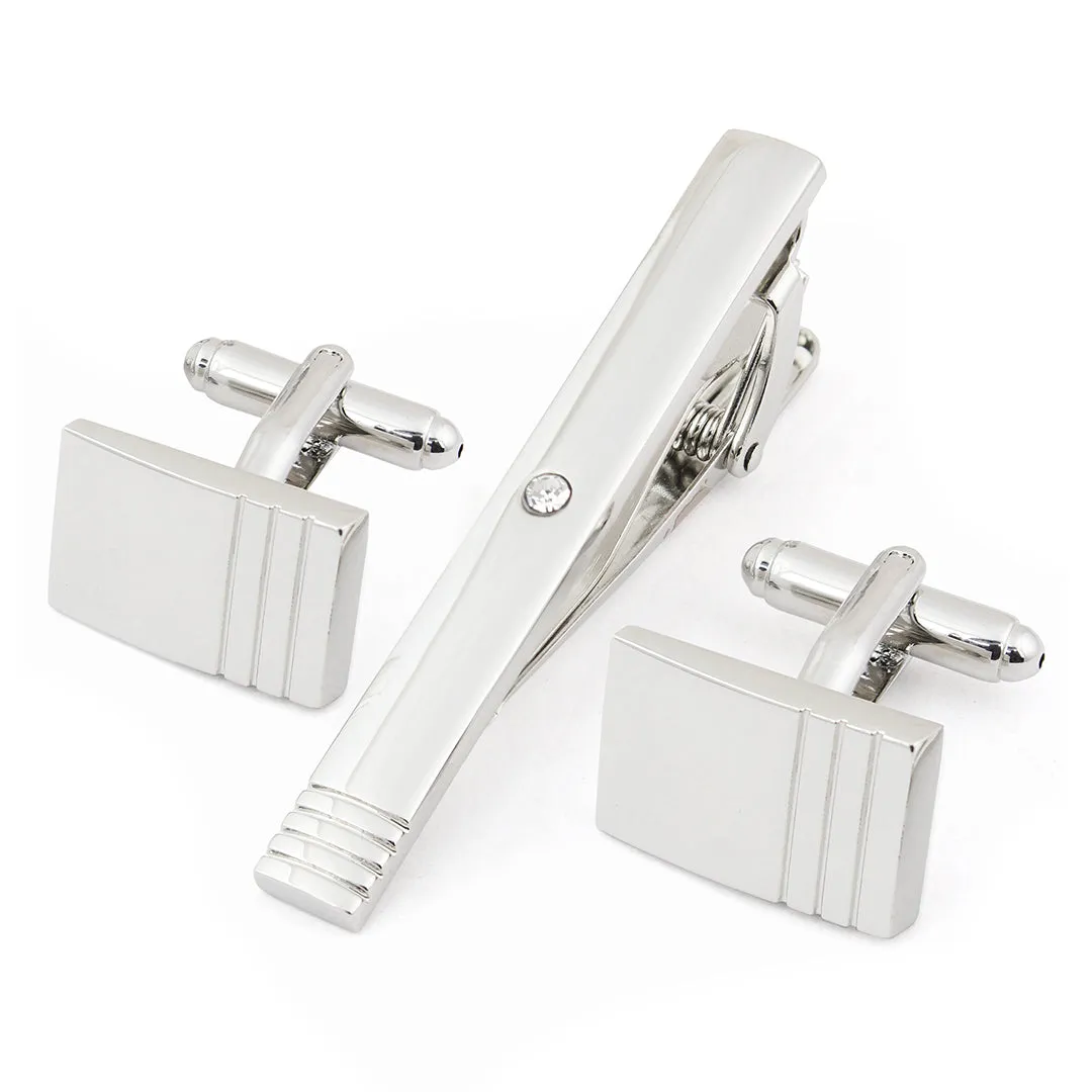 Peluche Striking Crystal Silver Cufflink & Tie Pin Set