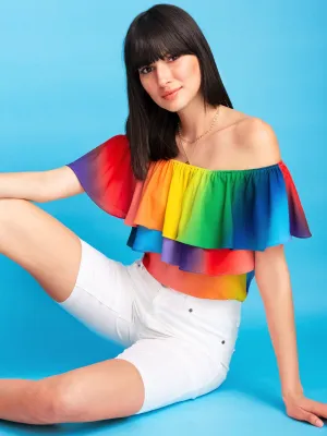 Petite Rainbow Flounced Off-The-Shoulder Top - 7th Avenue