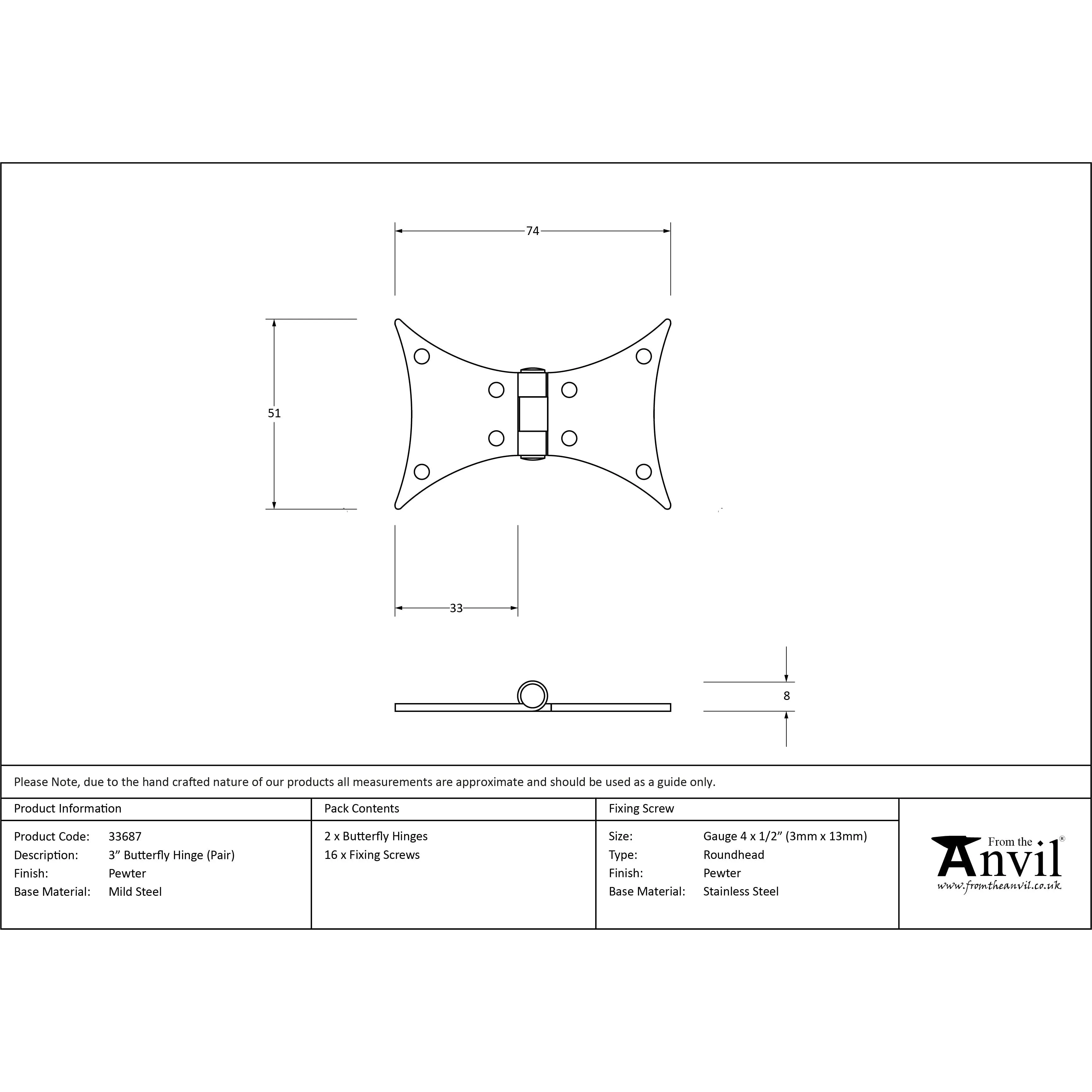 Pewter 3" Butterfly Hinge (pair) | From The Anvil